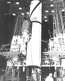 Explorer I is hoisted onto a Jupiter-C rocket