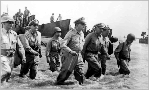 MacArthur wades ashore at Leyte, Philippine Islands